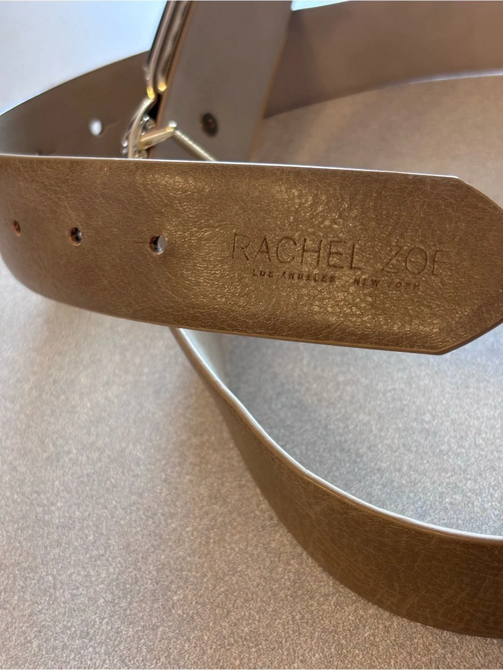 Rachel Zoe Taupe Vegan Leather Belt with Gold Crystal Link Buckle